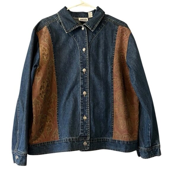 Chico's Designer Blue Jean Jacket Denim & Beaded Leather‎ Panels Women's Size 2 - Picture 1 of 14